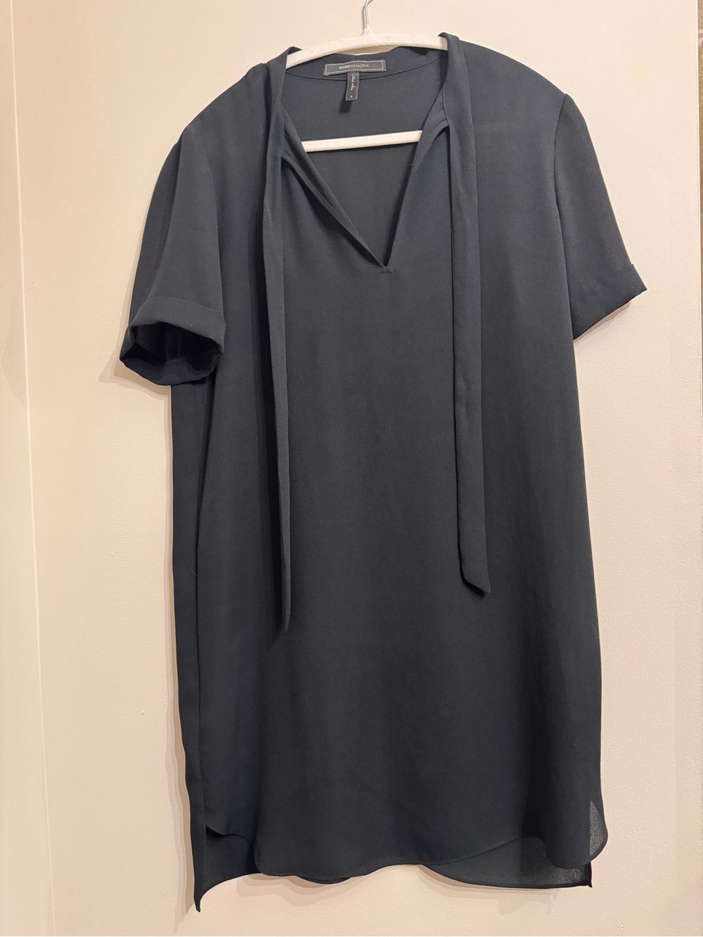 BCBGMAXAZRIA Black Tie Neck Short Sleeve Flowy Mini Dress